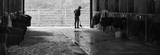 Groom sweeping the horse boxes at Thorndale Farm